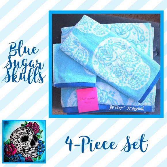 Betsey Johnson 4 Piece Towels Set Blue Sugar Skull - Picture 2 of 6